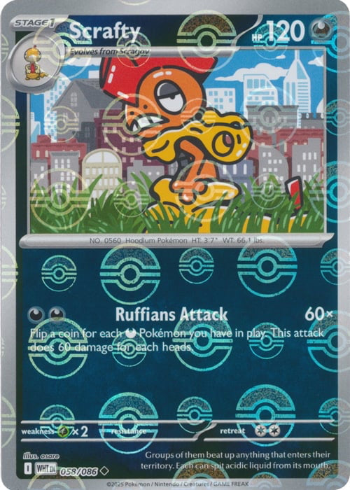 White Flare Scrafty #58/86 Pokeball Holo